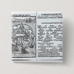 Badge Carré 5 Cm Carte de l'île d'Utopie et de son alphabet