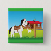 Badge Carré 5 Cm Cartoon Farm Scène avec Cheval Chat et Chèvre (Devant)