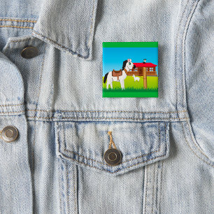 Badge Carré 5 Cm Cartoon Farm Scène avec Cheval Chat et Chèvre