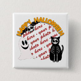 Badge Carré 5 Cm Cartoon Squelette Chat, chauve-souris et cadre pho