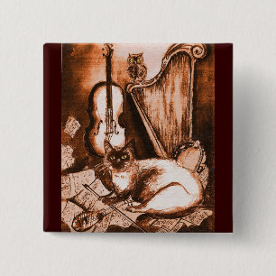 Badge Carré 5 Cm CAT MUSICAL, Brown et blanc