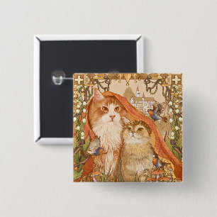 Badge Carré 5 Cm Cats à contes de fées médiévaux avec oiseaux et fl