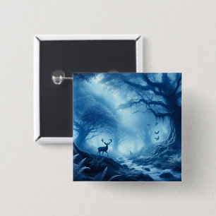 Badge Carré 5 Cm Cerfs dans une forêt sombre de brume bleue