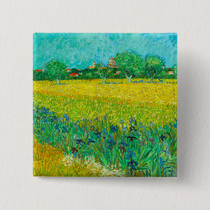 Badge Carré 5 Cm Champ Van Gogh avec Irises près d'Arles