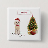 Badge Carré 5 Cm Champagne Cockapoo Drôle chien de Noël avec arbre (Devant)