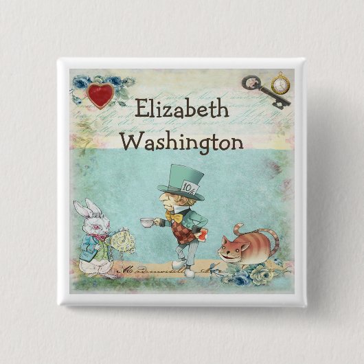 Badge Carré 5 Cm Chapelier fou Alice dans l'étiquette de nom du (Devant)