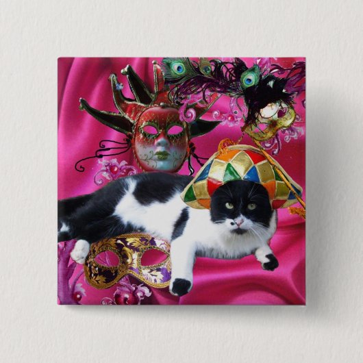 BADGE CARRÉ 5 CM CHAT AVEC CASQUETTE HARLEQUIN ET MASQUERADE DE FÊT (Devant)