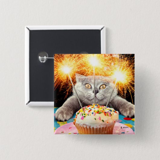 Badge Carré 5 Cm Chat Avec Cupcake Sparkler (Devant & derrière)