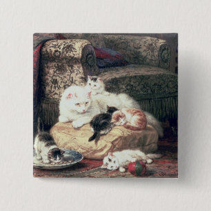 Badge Carré 5 Cm Chat avec ses chatons sur un coussin