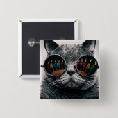 Badge Carré 5 Cm Chat cool | Bouton | Joyeux chat d'anniversaire (Devant & derrière)