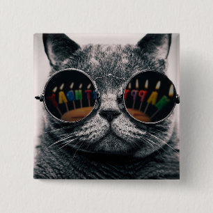 Badge Carré 5 Cm Chat cool   Bouton   Joyeux chat d'anniversaire