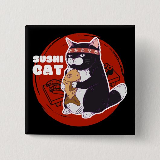 Badge Carré 5 Cm Chat de sushi, Chat de chat de samouraï (Devant)