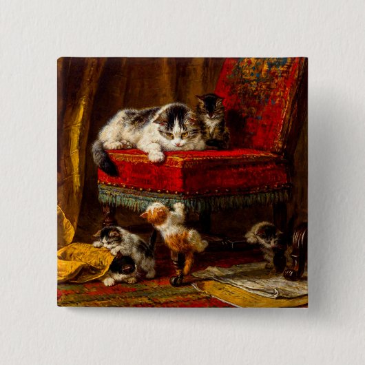 Badge Carré 5 Cm Chat et chatons Jouer avec chaise (Devant)