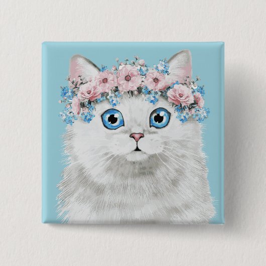 Badge Carré 5 Cm Chat floral blanc doux (Devant)