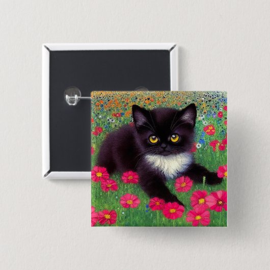 Badge Carré 5 Cm Chat Gustav Klimt Tuxedo (Devant & derrière)
