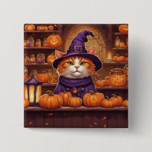 Badge Carré 5 Cm chat halloween #10 bouton
