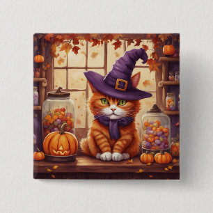 Badge Carré 5 Cm chat halloween #4 bouton