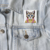 Badge Carré 5 Cm Chat hawaïen de Kitty (En situation)