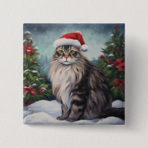 Badge Carré 5 Cm Chat Maine Coon dans la neige de Noël