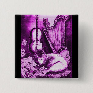Badge Carré 5 Cm CHAT MUSICAL, Violet violet et noir blanc