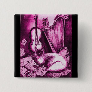 Badge Carré 5 Cm CHAT MUSICAL, Violet violet et noir blanc