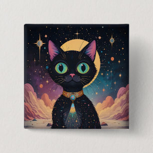 Badge Carré 5 Cm Chat noir cosmique futuriste atomique au clair de