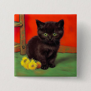 Badge Carré 5 Cm Chat noir de style Van Gogh