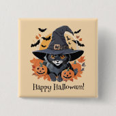 Badge Carré 5 Cm Chat noir en sorcière Casquette Halloween (Devant)