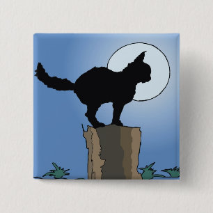 Badge Carré 5 Cm Chat Noir Pleine Lune Halloween Clair de Lune