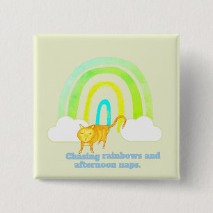 Badge Carré 5 Cm Chat roux mignon poursuivant des arcs-en-ciel et f