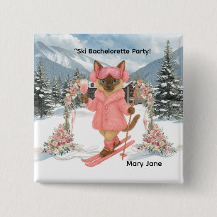 Badge Carré 5 Cm Chat skie en tenue rose enterrement de vie de jeun