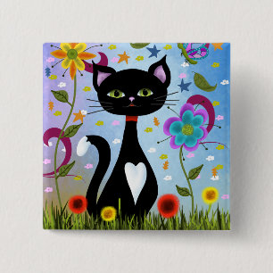 Badge Carré 5 Cm Chat Smoking S'Asseyant Dans Un Jardin