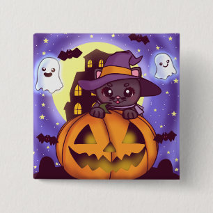 Badge Carré 5 Cm Chat-sorcier d'Halloween