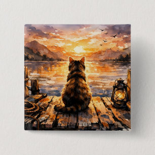Badge Carré 5 Cm Chat sur le quai au coucher du soleil