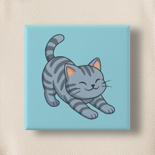 Badge Carré 5 Cm Chat tabby gris étiré bleu