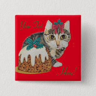 Badge Carré 5 Cm chat tigré gris de chaton mignon léchant Noël d