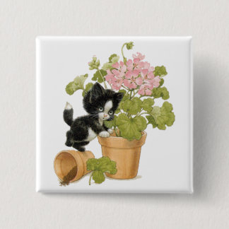 Badge Carré 5 Cm Chat vilain mignon - chaton dans un pot de fleurs