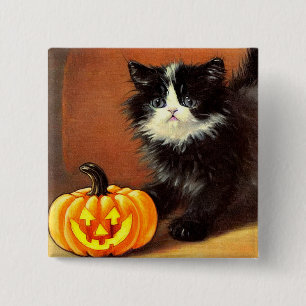 Badge Carré 5 Cm Chaton d'Halloween noir et blanc vintage