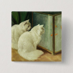 Badge Carré 5 Cm Chats blancs observant le poisson rouge