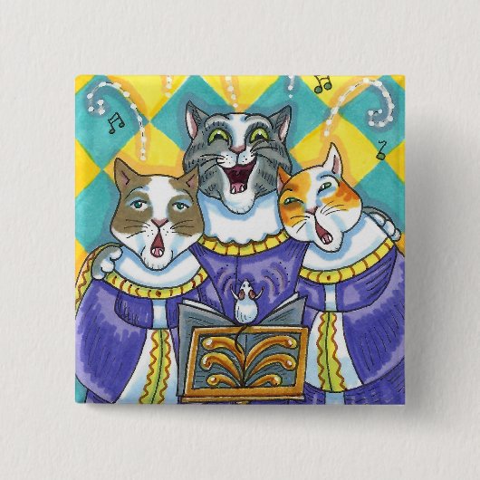 BADGE CARRÉ 5 CM CHATS CHOIR ÉGLISE & SOURIS CHANTER CAROLS DE NOËL (Devant)