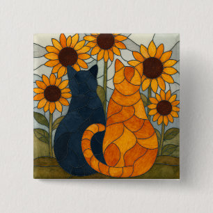 Badge Carré 5 Cm Chats en vitrail et conception d'art de tournesols
