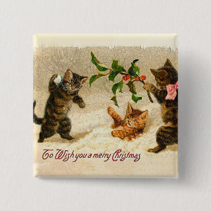 Badge Carré 5 Cm Chats jouant dans la neige Vintage Noël