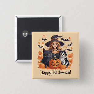 Badge Carré 5 Cm Chats sorciers chauves-souris et Halloween Citroui