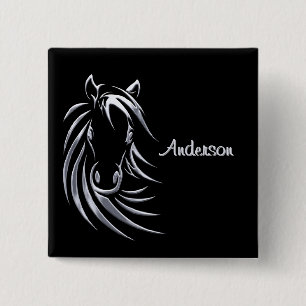 Badge Carré 5 Cm Cheval d'argent tête sur le script personnalisé no