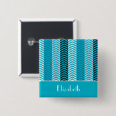 Badge Carré 5 Cm Chevron Turquoise Moderne Grilles Avec Nom (Devant & derrière)