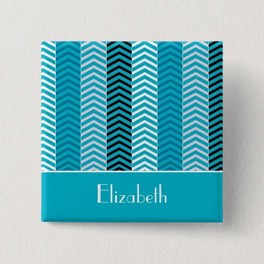 Badge Carré 5 Cm Chevron Turquoise Moderne Grilles Avec Nom (Devant)