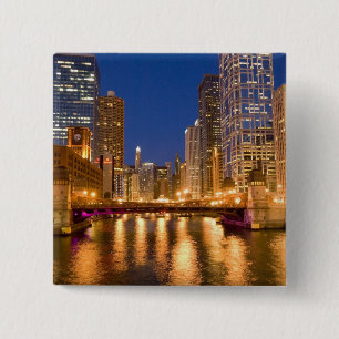 Badge Carré 5 Cm Chicago, Illinois, Skyline et Chicago River à