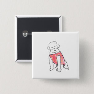 Badge Carré 5 Cm Chien Blanc Fluffy Dessiné à la Main avec un Gilet