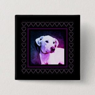 Badge Carré 5 Cm Chien blanc mignon Coeurs pourpres Cadre Saint-Val
