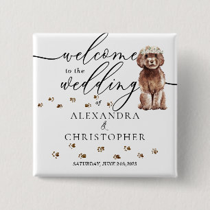 Badge Carré 5 Cm Chien Cavapo Brown Bienvenue à la cuite mariage
